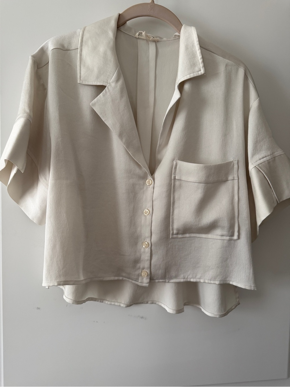 Relaxed Short-Sleeve Cream Button-Down Camp Shirt